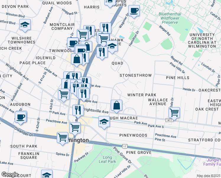 map of restaurants, bars, coffee shops, grocery stores, and more near 319 North Macmillan Avenue in Wilmington