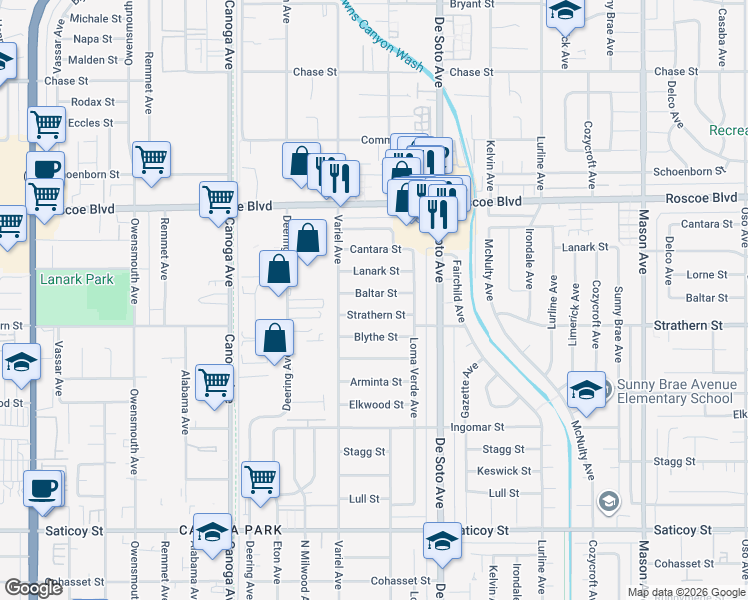 map of restaurants, bars, coffee shops, grocery stores, and more near 21014 Baltar Street in Los Angeles
