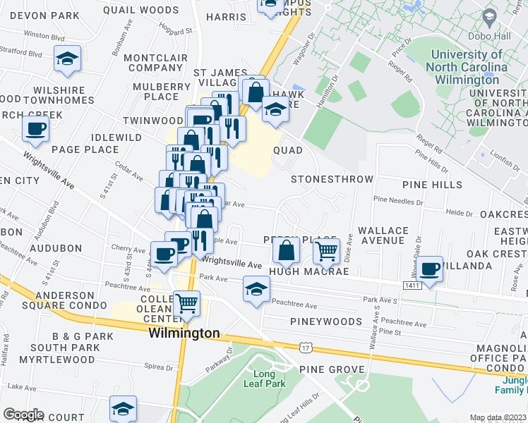 map of restaurants, bars, coffee shops, grocery stores, and more near 4810 Cedar Avenue in Wilmington