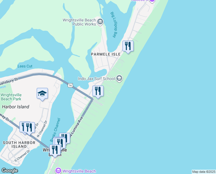 map of restaurants, bars, coffee shops, grocery stores, and more near 8 Sandpiper Street in Wrightsville Beach