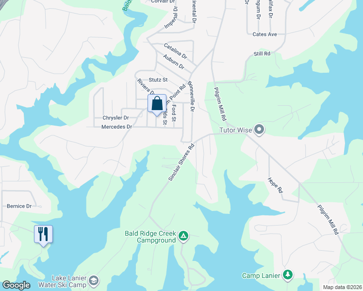 map of restaurants, bars, coffee shops, grocery stores, and more near 4565 Bonneville Drive in Cumming