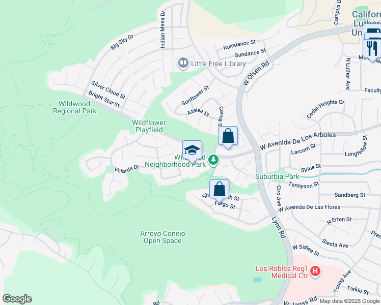 map of restaurants, bars, coffee shops, grocery stores, and more near 620 Velarde Drive in Thousand Oaks
