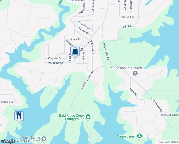 map of restaurants, bars, coffee shops, grocery stores, and more near 4535 Bonneville Drive in Cumming