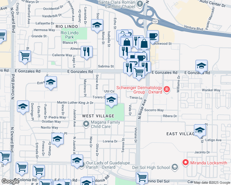 map of restaurants, bars, coffee shops, grocery stores, and more near 1524 Almanor Street in Oxnard