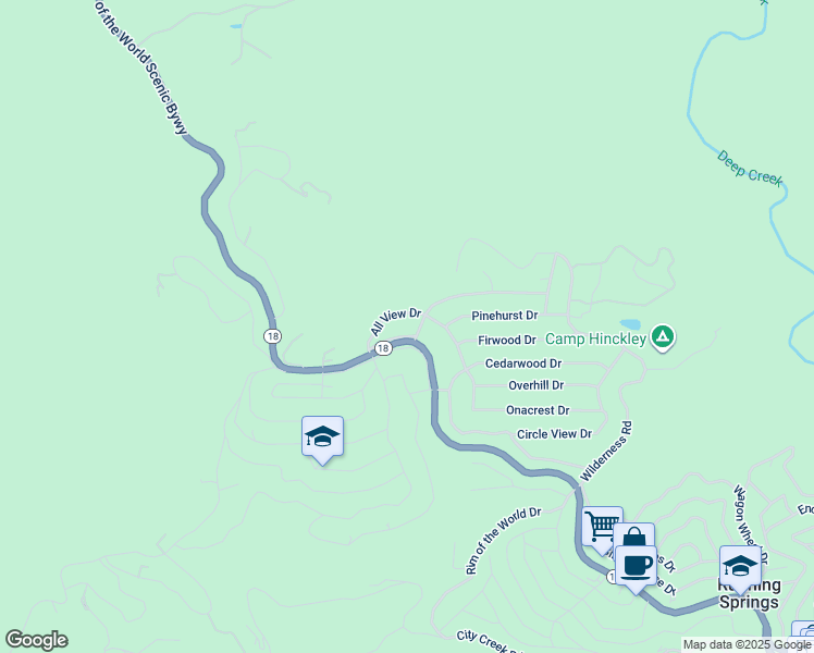 map of restaurants, bars, coffee shops, grocery stores, and more near 31188 Old Highway 18 North in Running Springs