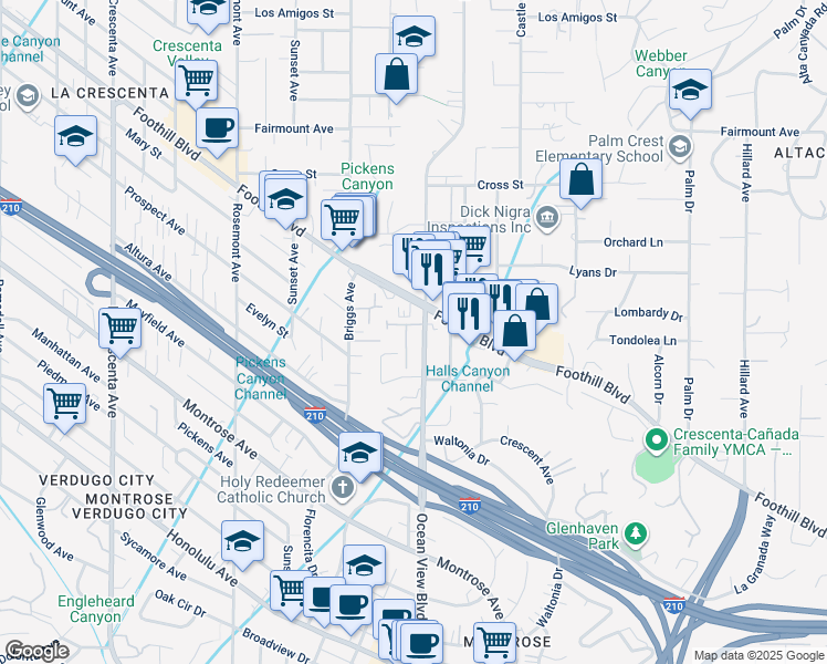 map of restaurants, bars, coffee shops, grocery stores, and more near 4447 Ocean View Boulevard in La Crescenta-Montrose