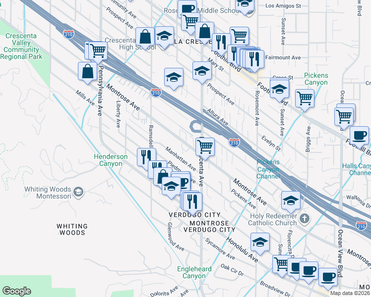 map of restaurants, bars, coffee shops, grocery stores, and more near 2850 Montrose Avenue in Glendale