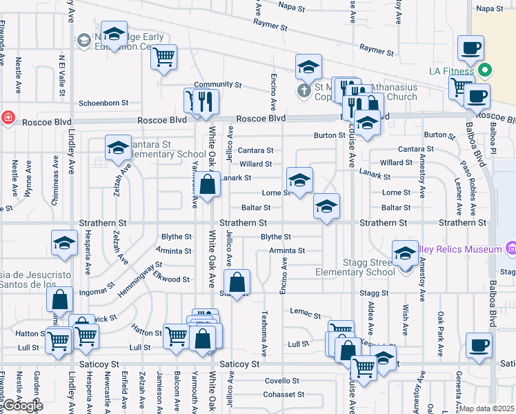 map of restaurants, bars, coffee shops, grocery stores, and more near 17601 Baltar Street in Los Angeles