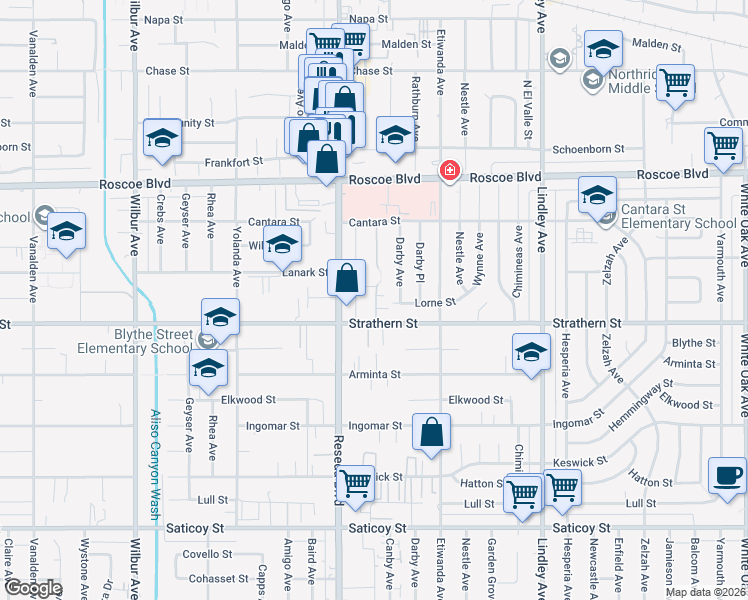 map of restaurants, bars, coffee shops, grocery stores, and more near 8011 Canby Avenue in Los Angeles