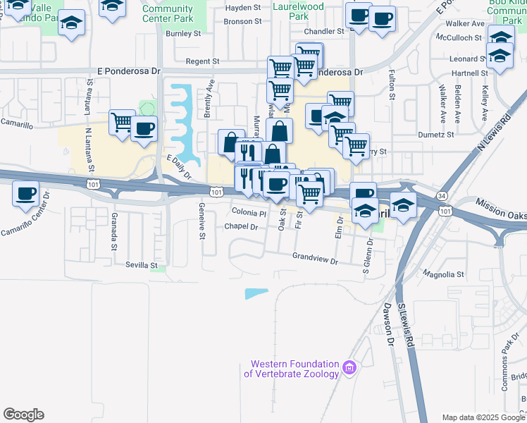 map of restaurants, bars, coffee shops, grocery stores, and more near 1965 Colonia Place in Camarillo
