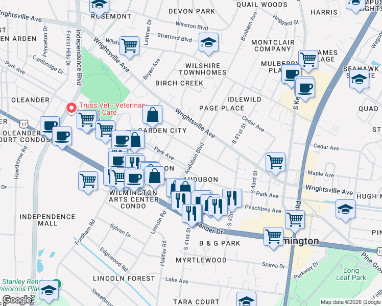 map of restaurants, bars, coffee shops, grocery stores, and more near 1202 Audubon Boulevard in Wilmington