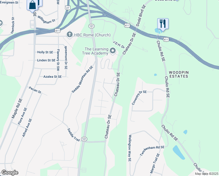 map of restaurants, bars, coffee shops, grocery stores, and more near 50 Chateau Drive Southeast in Rome