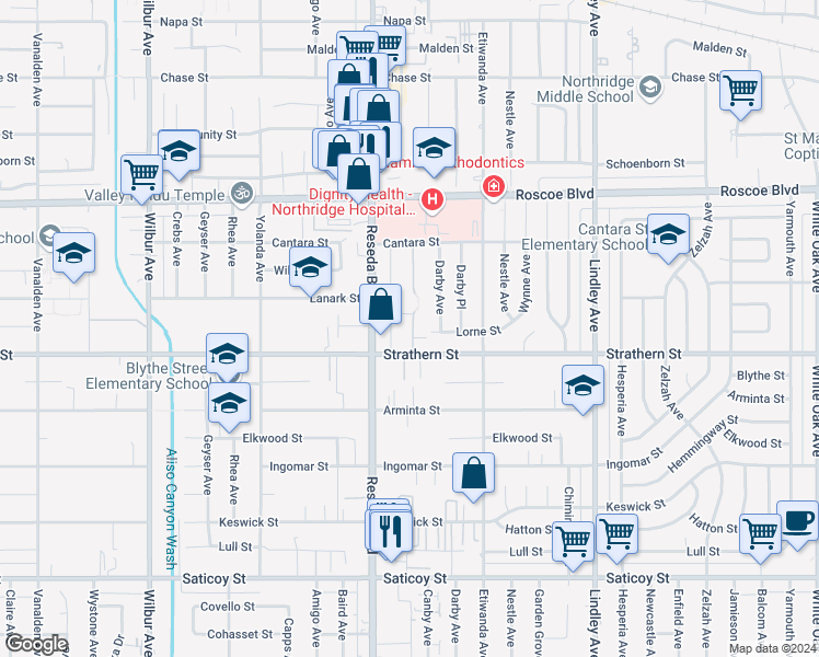 map of restaurants, bars, coffee shops, grocery stores, and more near 8051 Canby Avenue in Los Angeles