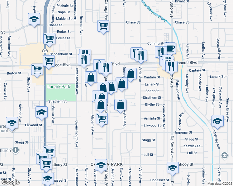 map of restaurants, bars, coffee shops, grocery stores, and more near 21345 Deering Court in Los Angeles