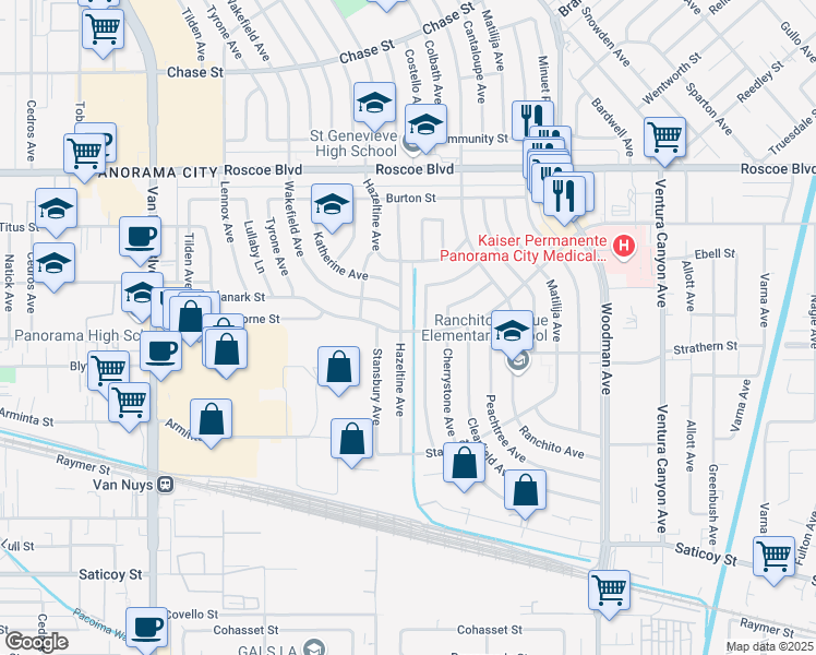 map of restaurants, bars, coffee shops, grocery stores, and more near 8002 Hazeltine Avenue in Los Angeles