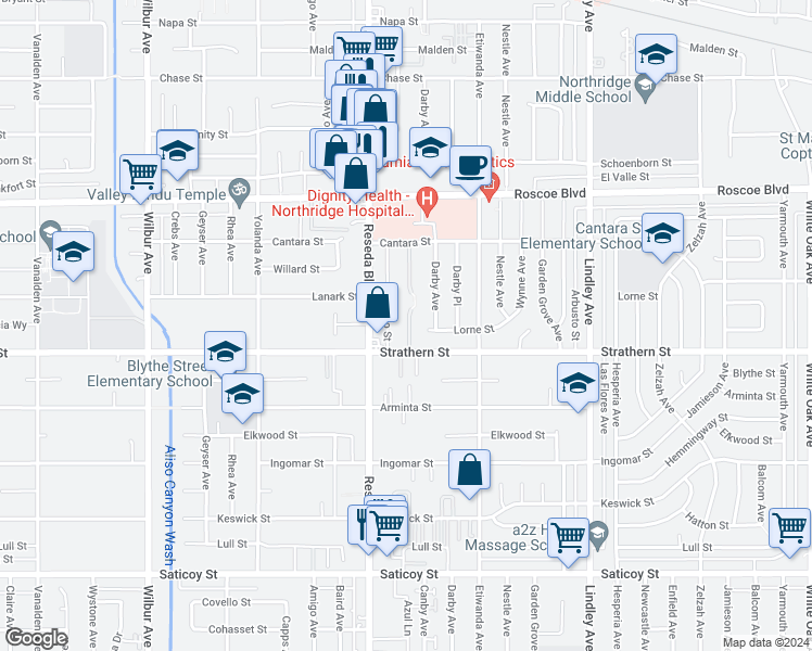 map of restaurants, bars, coffee shops, grocery stores, and more near 8011 Canby Avenue in Los Angeles