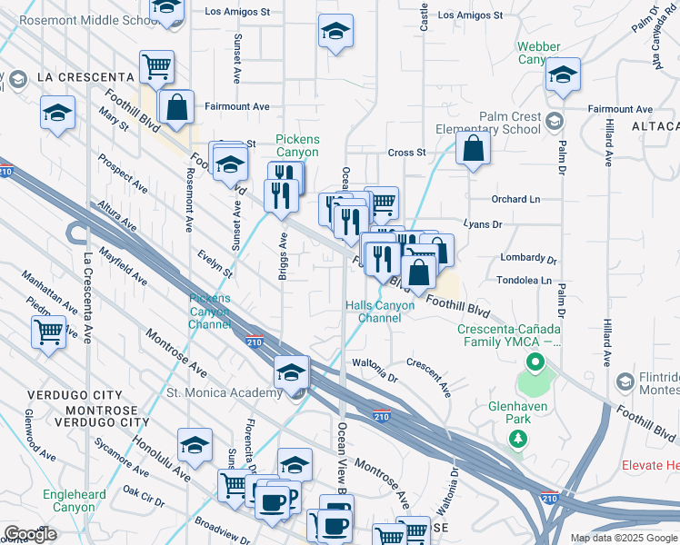 map of restaurants, bars, coffee shops, grocery stores, and more near 4447 Ocean View Boulevard in La Crescenta-Montrose