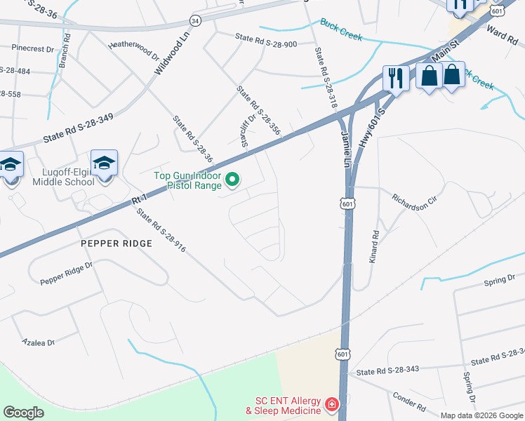 map of restaurants, bars, coffee shops, grocery stores, and more near 1300 Elk Lodge Court in Lugoff