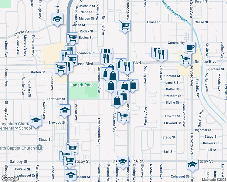 map of restaurants, bars, coffee shops, grocery stores, and more near 8039 Canoga Avenue in Los Angeles
