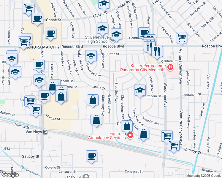map of restaurants, bars, coffee shops, grocery stores, and more near 8002 Hazeltine Avenue in Los Angeles
