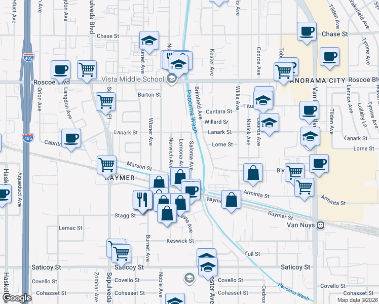 map of restaurants, bars, coffee shops, grocery stores, and more near 8011 Saloma Avenue in Los Angeles