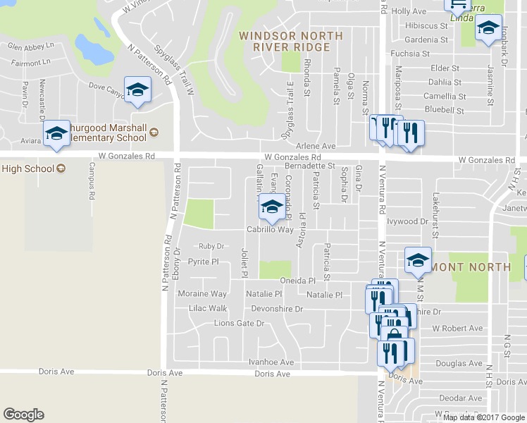 map of restaurants, bars, coffee shops, grocery stores, and more near 1540 Gallatin Place in Oxnard
