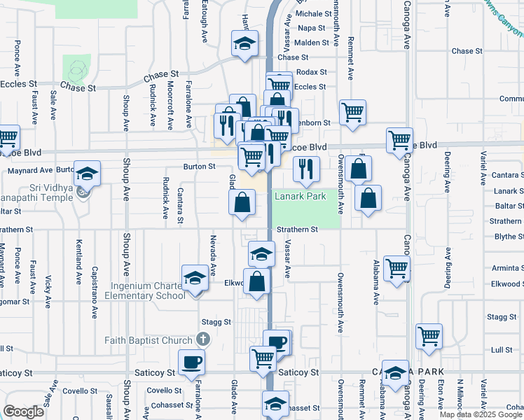 map of restaurants, bars, coffee shops, grocery stores, and more near 22010 Lanark Street in Los Angeles