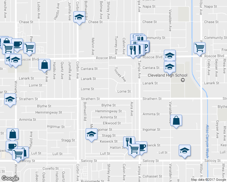 map of restaurants, bars, coffee shops, grocery stores, and more near 8037 Tunney Avenue in Los Angeles