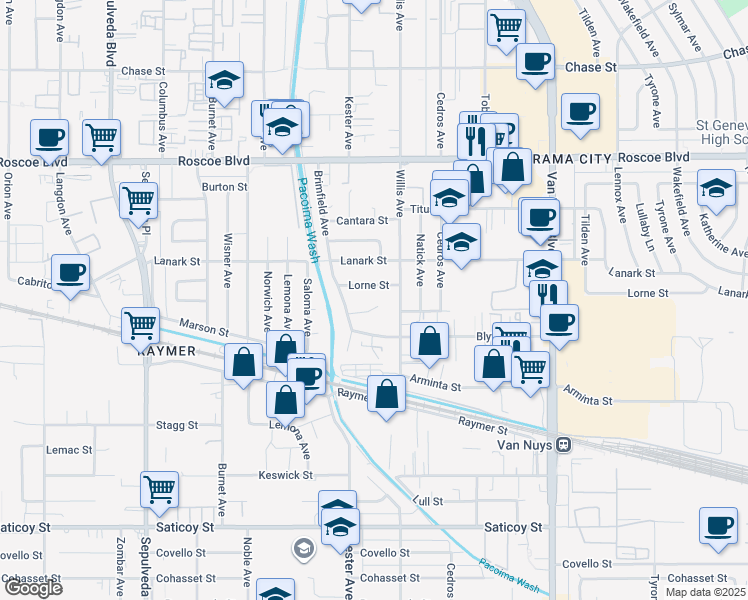 map of restaurants, bars, coffee shops, grocery stores, and more near 14827 Strathern Street in Los Angeles