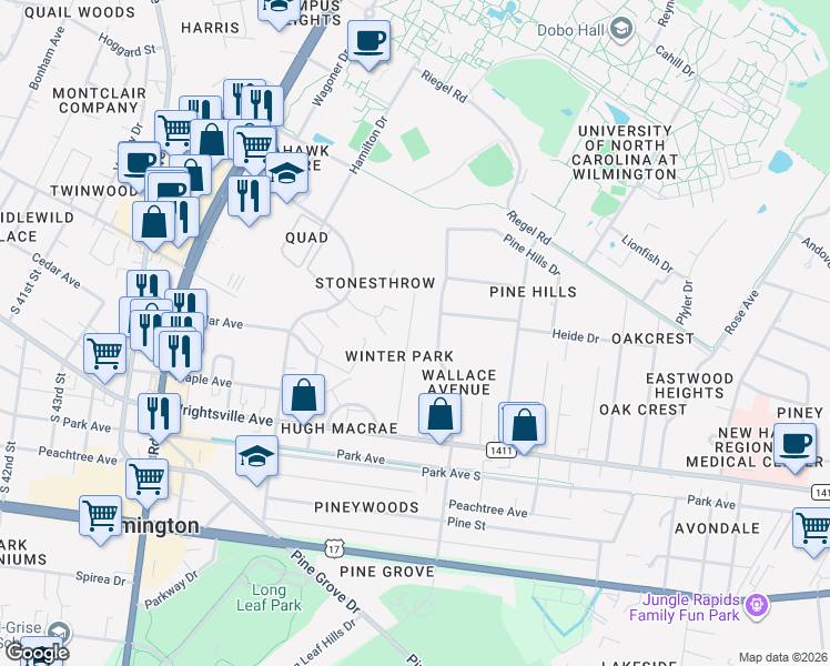 map of restaurants, bars, coffee shops, grocery stores, and more near in Wilmington