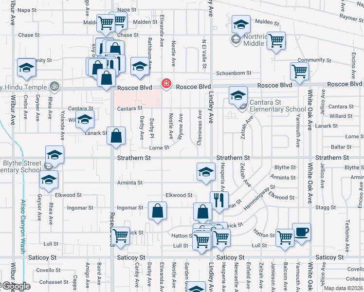 map of restaurants, bars, coffee shops, grocery stores, and more near 8027 Wynne Avenue in Los Angeles
