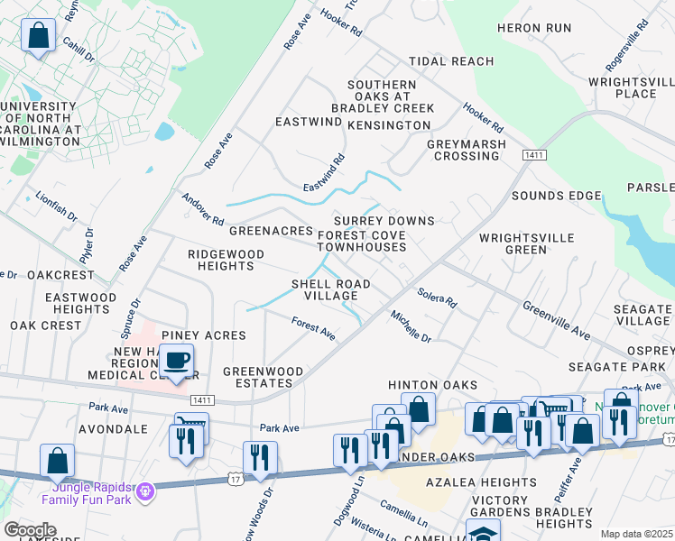 map of restaurants, bars, coffee shops, grocery stores, and more near 5510 Andover Road in Wilmington