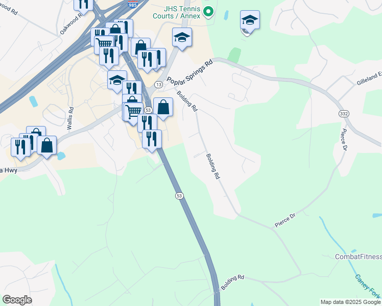 map of restaurants, bars, coffee shops, grocery stores, and more near 3716 Bolding Road in Flowery Branch