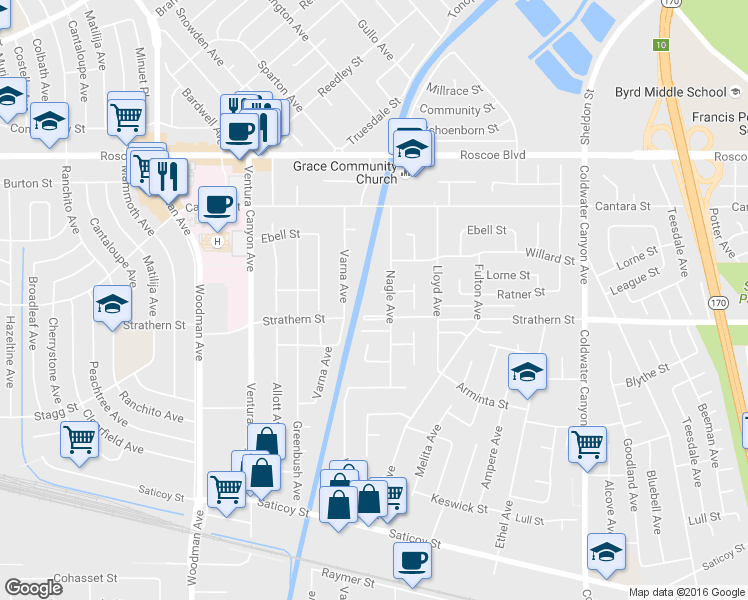 map of restaurants, bars, coffee shops, grocery stores, and more near 13312 Ratner Street in Los Angeles