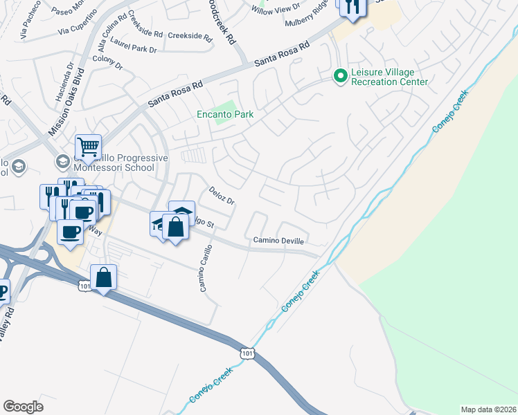 map of restaurants, bars, coffee shops, grocery stores, and more near 5419 Camino Compadre in Camarillo
