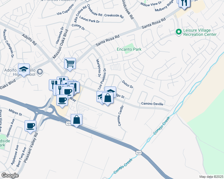 map of restaurants, bars, coffee shops, grocery stores, and more near 82 Baroda Drive in Camarillo