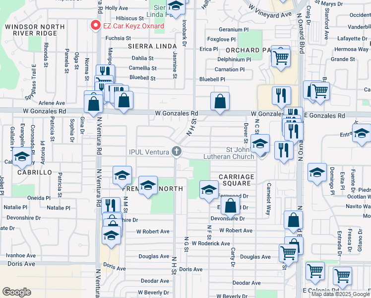 map of restaurants, bars, coffee shops, grocery stores, and more near 822 Janetwood Drive in Oxnard
