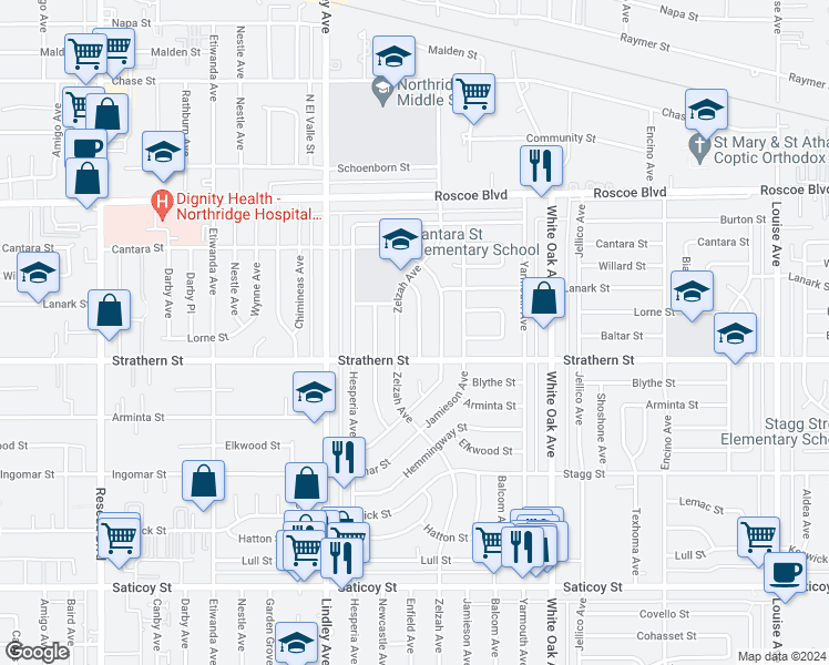 map of restaurants, bars, coffee shops, grocery stores, and more near 8025 McDermott Avenue in Los Angeles