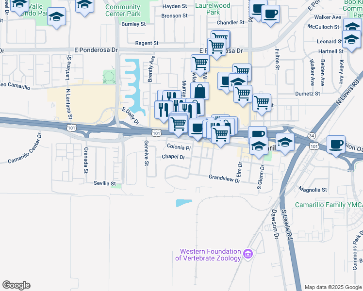 map of restaurants, bars, coffee shops, grocery stores, and more near 1965 Colonia Place in Camarillo