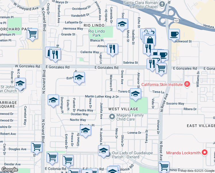 map of restaurants, bars, coffee shops, grocery stores, and more near 1540 Limonero Place in Oxnard