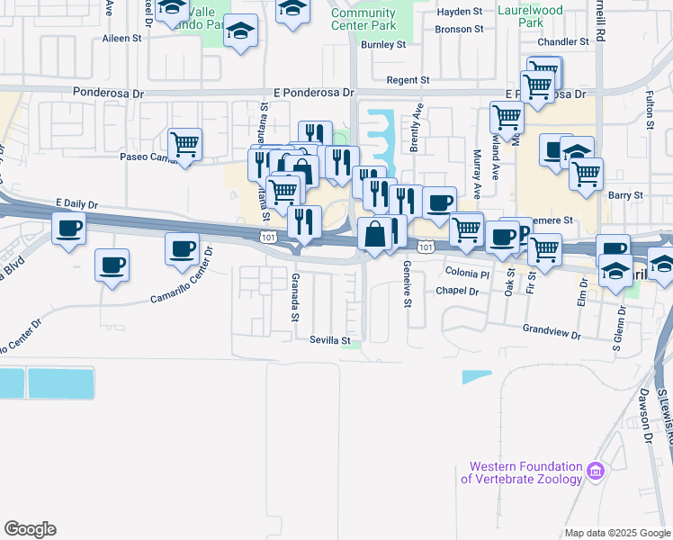 map of restaurants, bars, coffee shops, grocery stores, and more near 1421 West Chapel Drive in Camarillo