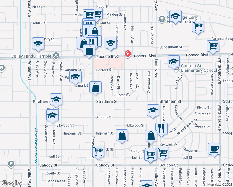 map of restaurants, bars, coffee shops, grocery stores, and more near 8025 Darby Place in Los Angeles