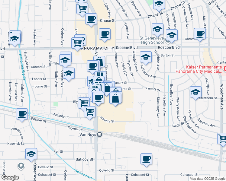 map of restaurants, bars, coffee shops, grocery stores, and more near 14362 Lorne Street in Los Angeles