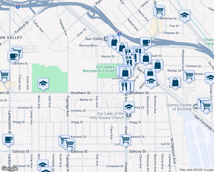 map of restaurants, bars, coffee shops, grocery stores, and more near 11132 Lorne Street in Los Angeles