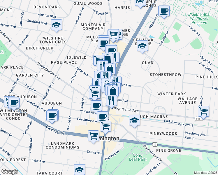 map of restaurants, bars, coffee shops, grocery stores, and more near 1016 South College Road in Wilmington