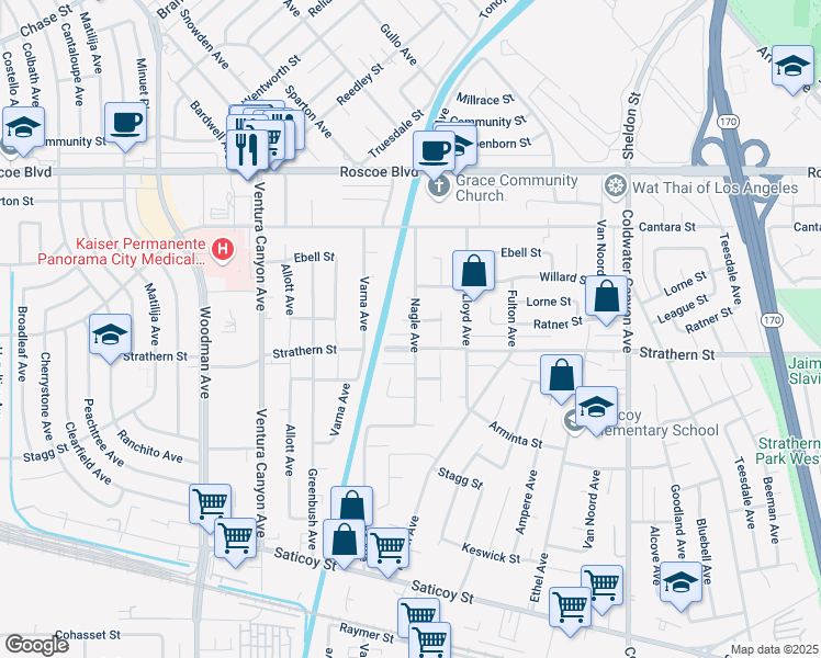 map of restaurants, bars, coffee shops, grocery stores, and more near 13312 Ratner Street in Los Angeles