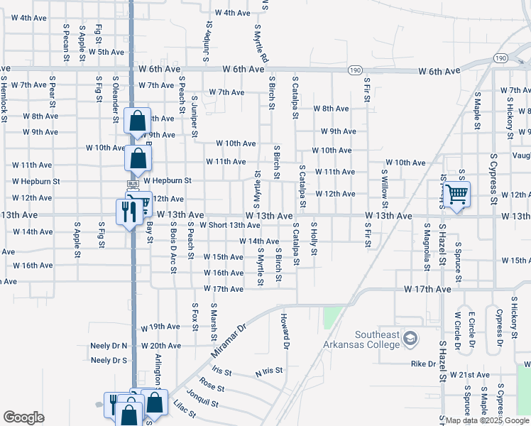 map of restaurants, bars, coffee shops, grocery stores, and more near 3107 West 13th Avenue in Pine Bluff