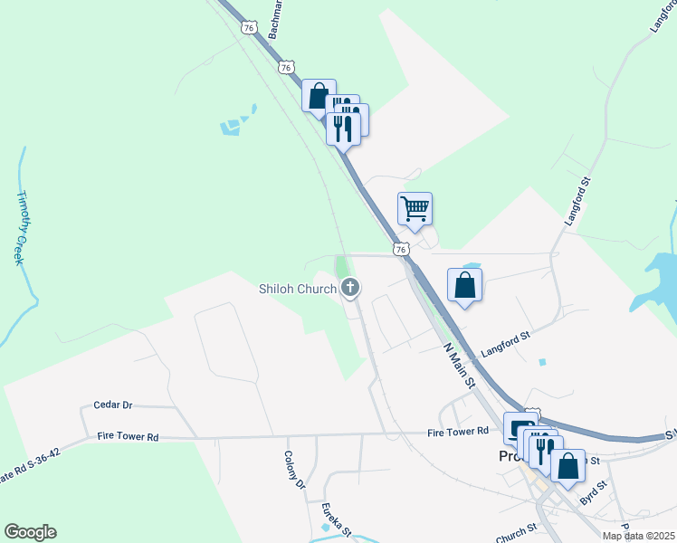 map of restaurants, bars, coffee shops, grocery stores, and more near 431 Shiloh Street in Prosperity