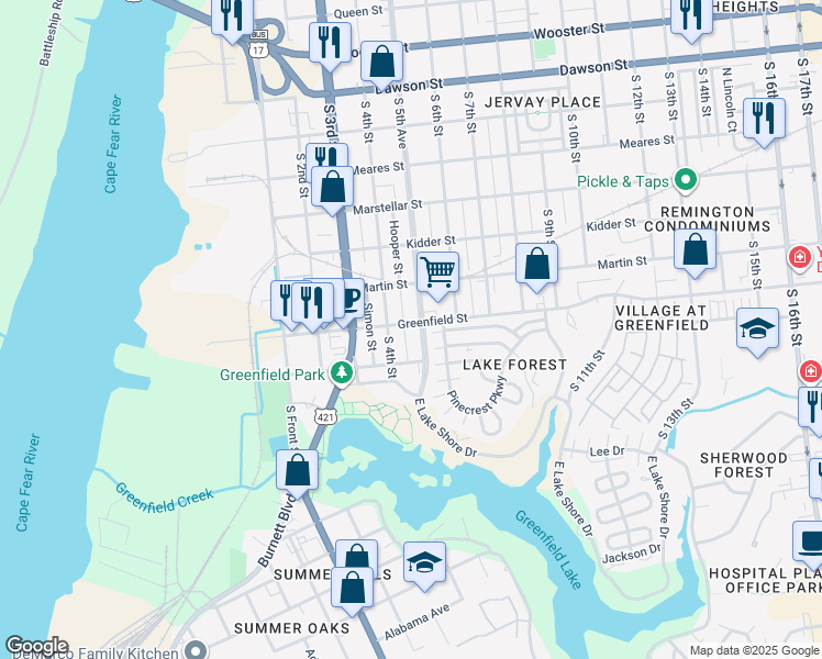 map of restaurants, bars, coffee shops, grocery stores, and more near 1502 East Lake Shore Drive in Wilmington