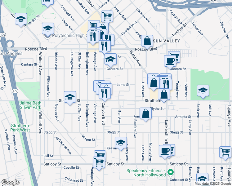 map of restaurants, bars, coffee shops, grocery stores, and more near 12008 Ratner Street in Los Angeles